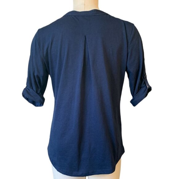 Style & Co Navy Blue Button Split Neck Sequin & Embroidery Top PM Blue #61P - Picture 6 of 8